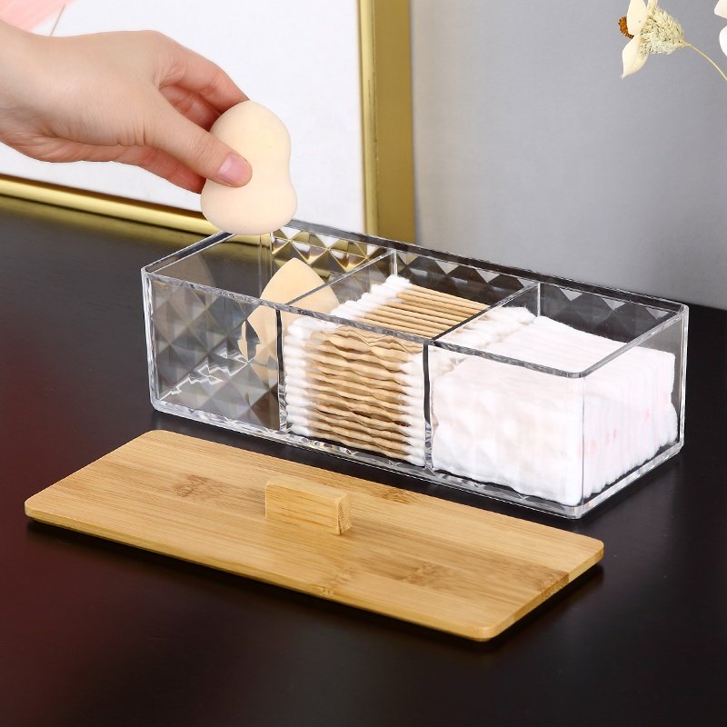 Diamond design PS cosmetics case cotton swab canister 3 divides organizer plastic makeup storage organizer with bamboo cover