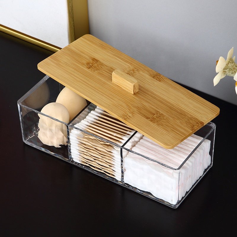 Diamond design PS cosmetics case cotton swab canister 3 divides organizer plastic makeup storage organizer with bamboo cover