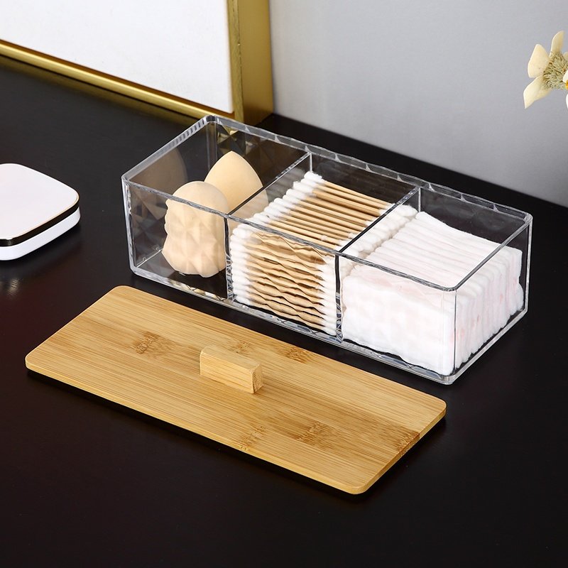 Diamond design PS cosmetics case cotton swab canister 3 divides organizer plastic makeup storage organizer with bamboo cover