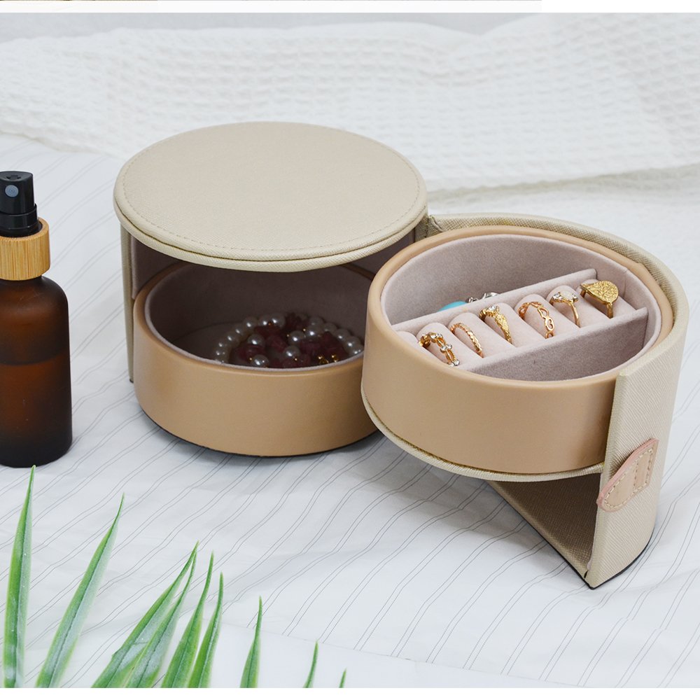 Mexda Round Travel Leather Storage Jewelry Box Organizer Leather Jewelry Storage Box with Double Layer Drawer