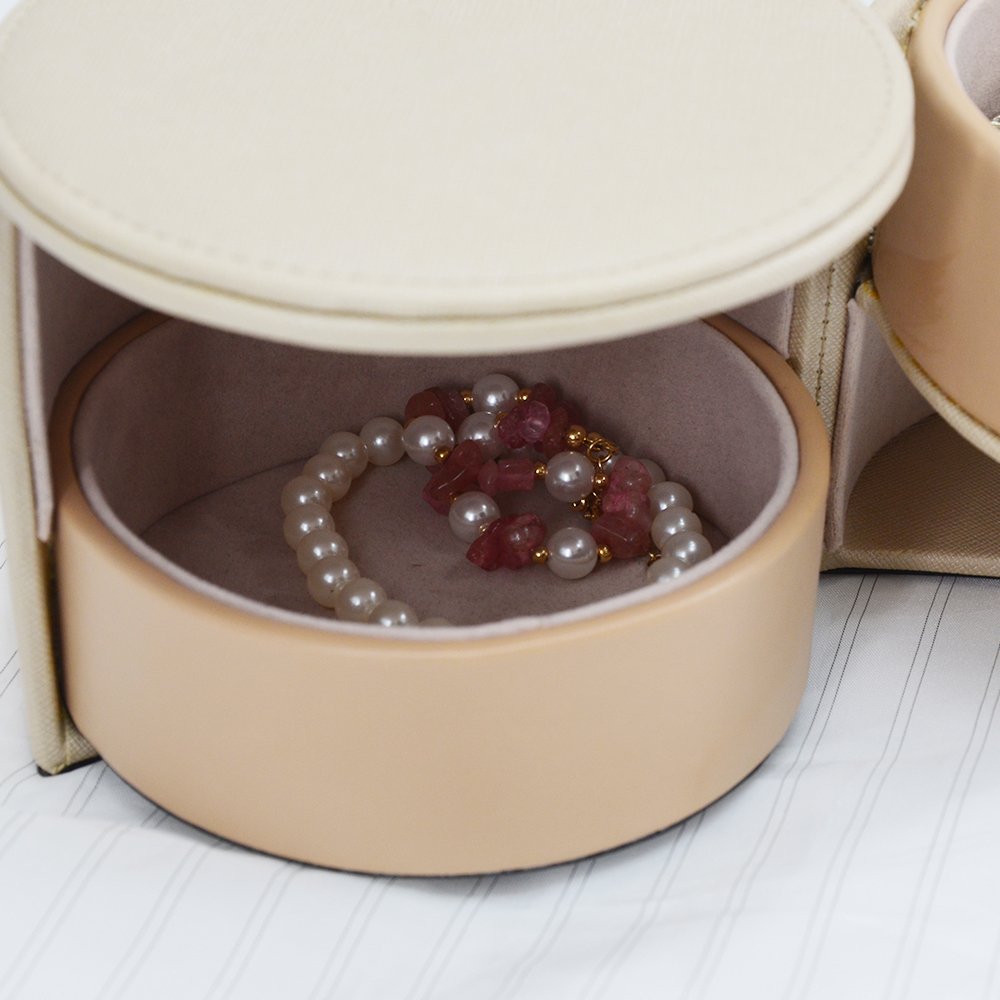 Mexda Round Travel Leather Storage Jewelry Box Organizer Leather Jewelry Storage Box with Double Layer Drawer