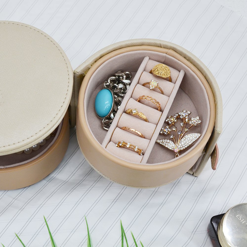Mexda Round Travel Leather Storage Jewelry Box Organizer Leather Jewelry Storage Box with Double Layer Drawer