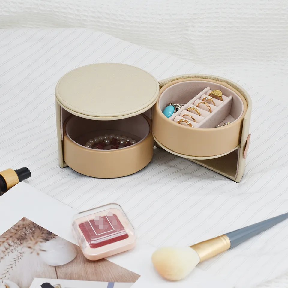 Mexda Round Travel Leather Storage Jewelry Box Organizer Leather Jewelry Storage Box with Double Layer Drawer
