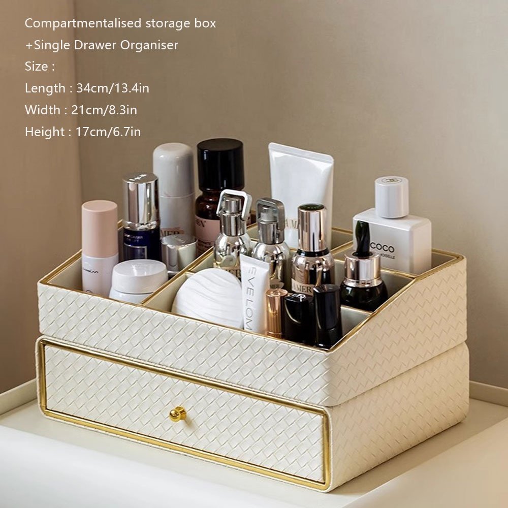 Luxurious Classic Style Leather Makeup Organiser Divided Storage Cosmetic Storage Box for Dressing Table