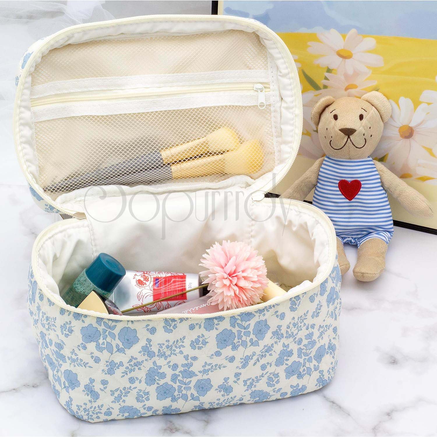 Custom Logo Cotton Makeup Bag Large Quilted Travel Cosmetic Case Floral Cotton Cosmetic Bag For Women Home Travel Use