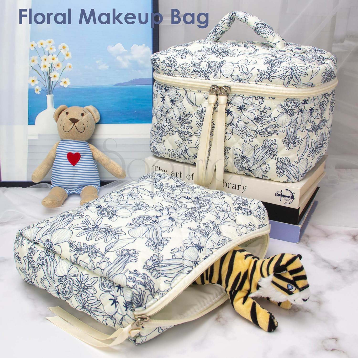Custom Logo Cotton Makeup Bag Large Quilted Travel Cosmetic Case Floral Cotton Cosmetic Bag For Women Home Travel Use