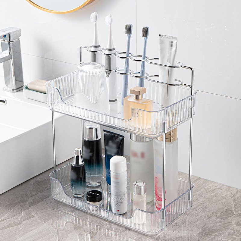 Double bedroom vanity makeup brush organizer bathroom sink toothpaste toothbrush home convenient storage shelf