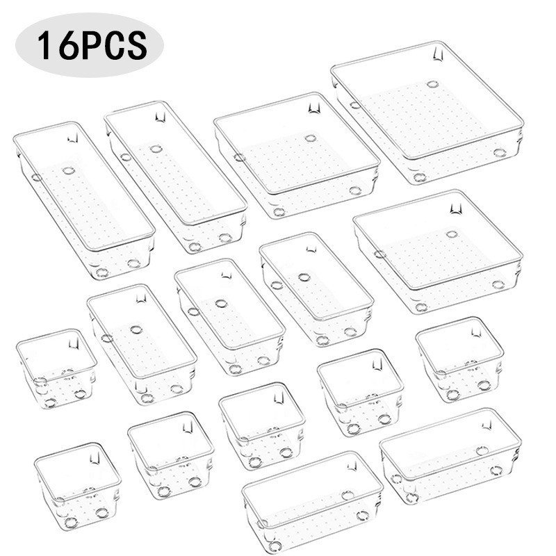 16 PCS Clear Plastic Drawer Organizer Tray 4 Sizes Versatile Bathroom Vanity Drawer Organizer Storage Bins for Makeup