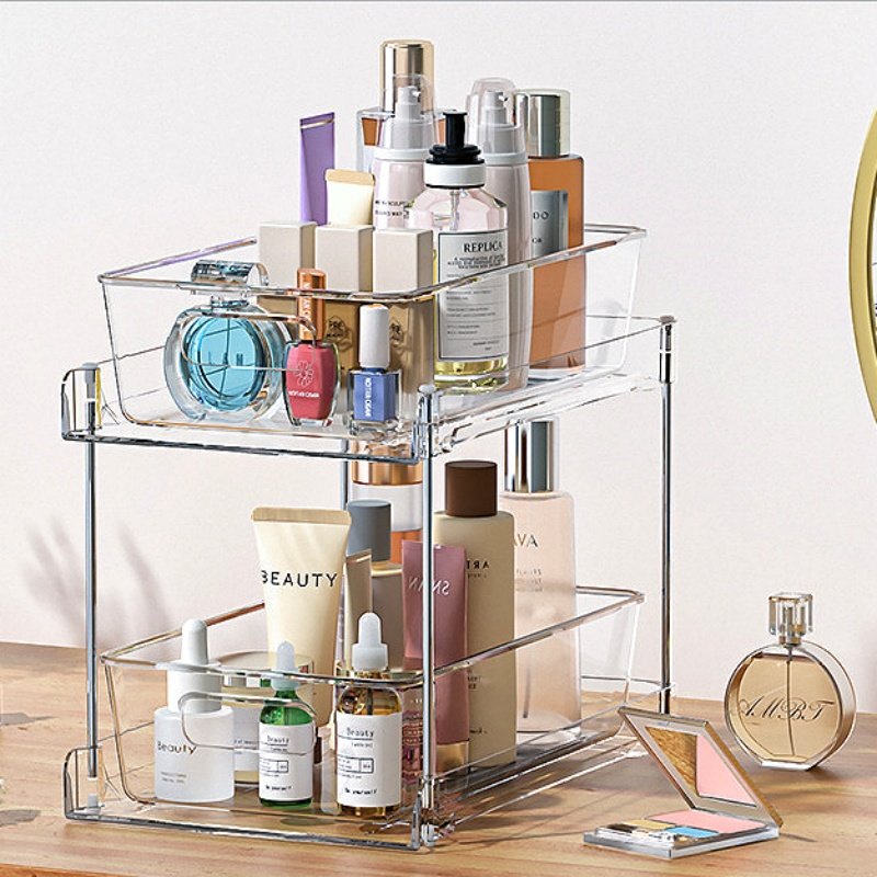 Multi-purpose PET clear 2 tiers makeup organizers countertop drawer bathroom large skincare container bins 1pack