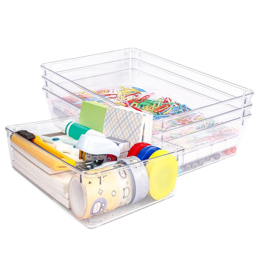 Clear Storage Bins with Non-Slip Pads Versatile Desk Tray for Makeup Office Organization