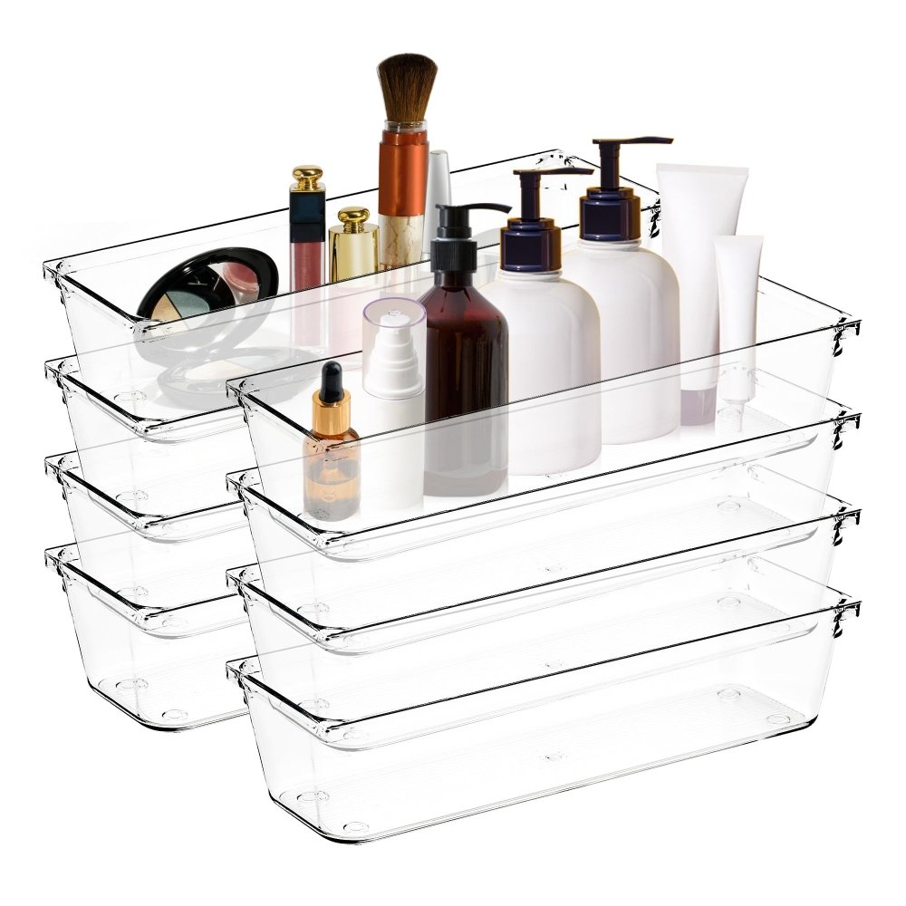 Clear Storage Bins with Non-Slip Pads Versatile Desk Tray for Makeup Office Organization