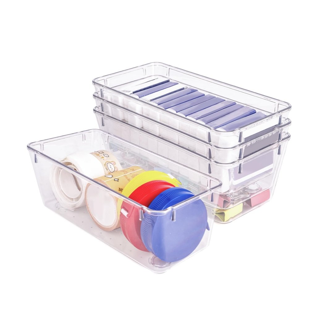 Clear Storage Bins with Non-Slip Pads Versatile Desk Tray for Makeup Office Organization
