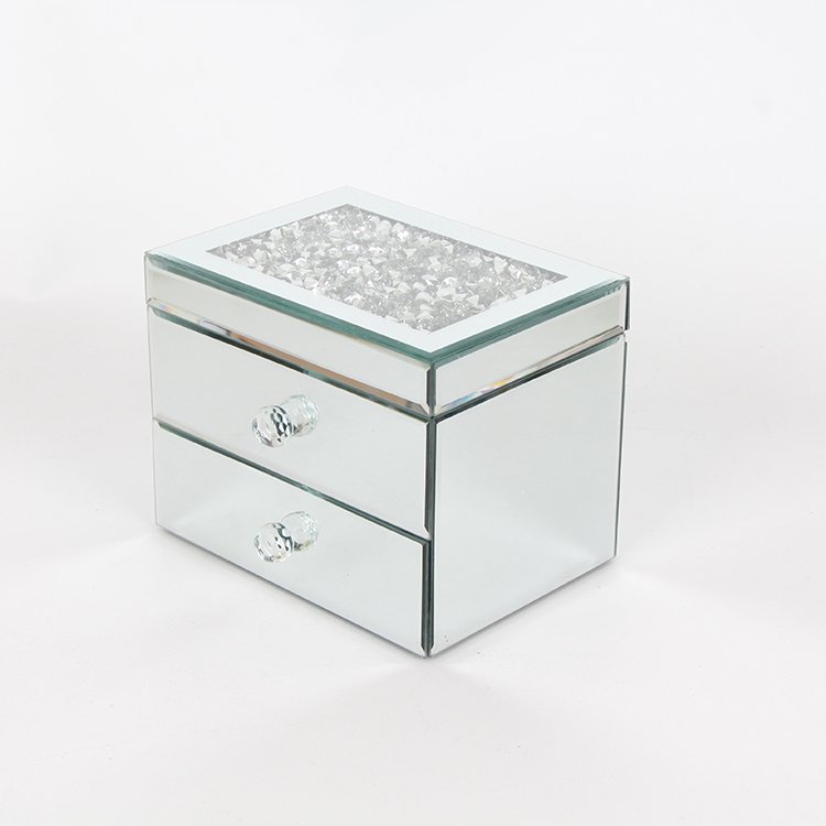 Silver Desk Tidy Crystal Handle Women MIRRORED ORGANIZER Glass Jewels Tray Crystal Diamond Lid Mirrored Jewelry Box Velvet PC