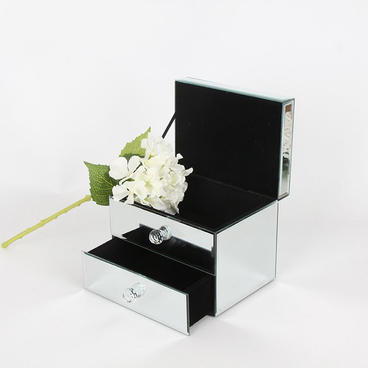 Silver Desk Tidy Crystal Handle Women MIRRORED ORGANIZER Glass Jewels Tray Crystal Diamond Lid Mirrored Jewelry Box Velvet PC