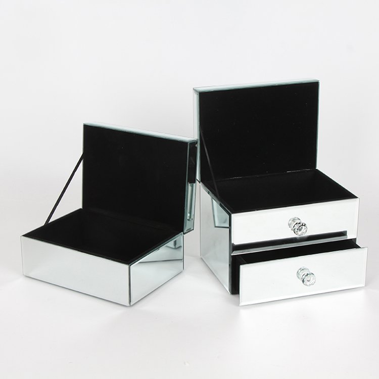 Silver Desk Tidy Crystal Handle Women MIRRORED ORGANIZER Glass Jewels Tray Crystal Diamond Lid Mirrored Jewelry Box Velvet PC