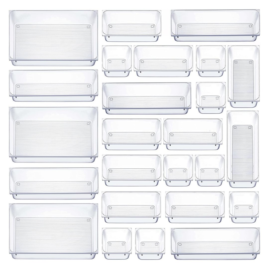 25pcs Clear Plastic Drawer Organizers Set Versatile Bathroom Vanity Drawer Organizer Tray Storage Bin for Makeup Bedroom Kitchen