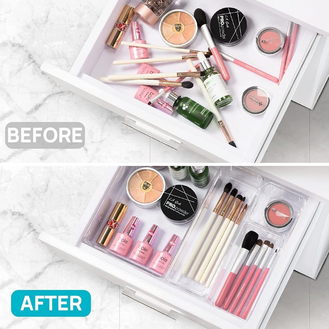 25pcs Clear Plastic Drawer Organizers Set Versatile Bathroom Vanity Drawer Organizer Tray Storage Bin for Makeup Bedroom Kitchen