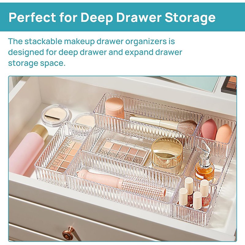 4-Size Clear Acrylic Stackable Makeup and Vanity Drawer Organizers Bins Bathroom Drawer Trays Storage Containers