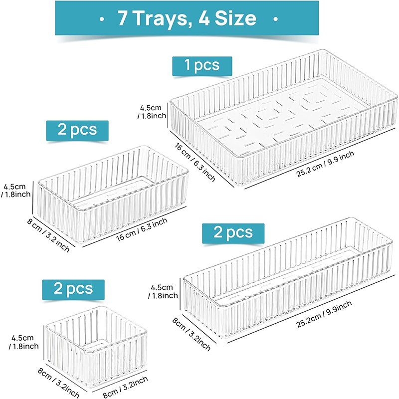 4-Size Clear Acrylic Stackable Makeup and Vanity Drawer Organizers Bins Bathroom Drawer Trays Storage Containers