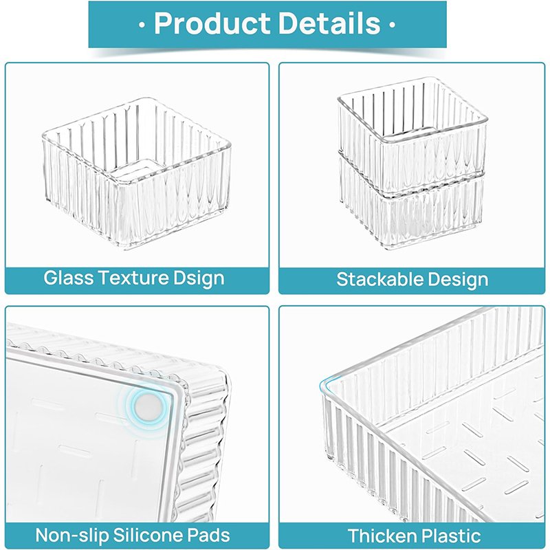 4-Size Clear Acrylic Stackable Makeup and Vanity Drawer Organizers Bins Bathroom Drawer Trays Storage Containers