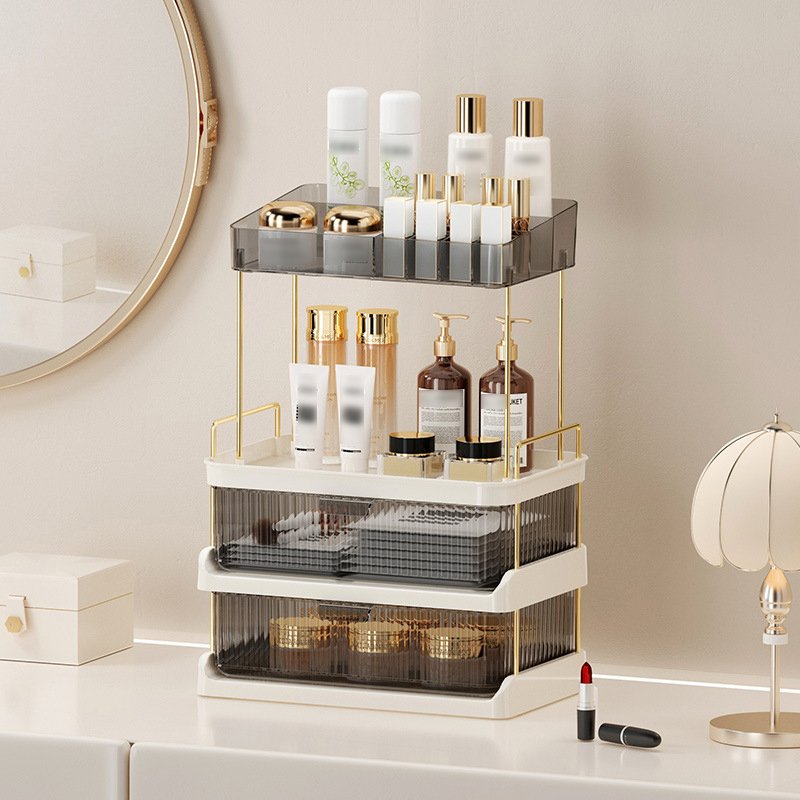 Multifunctional cosmetic storage box desktop double drawer shelf bathroom makeup brush tool organizer