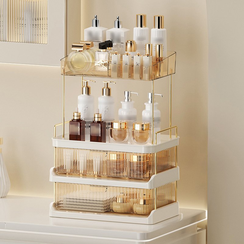 Multifunctional cosmetic storage box desktop double drawer shelf bathroom makeup brush tool organizer