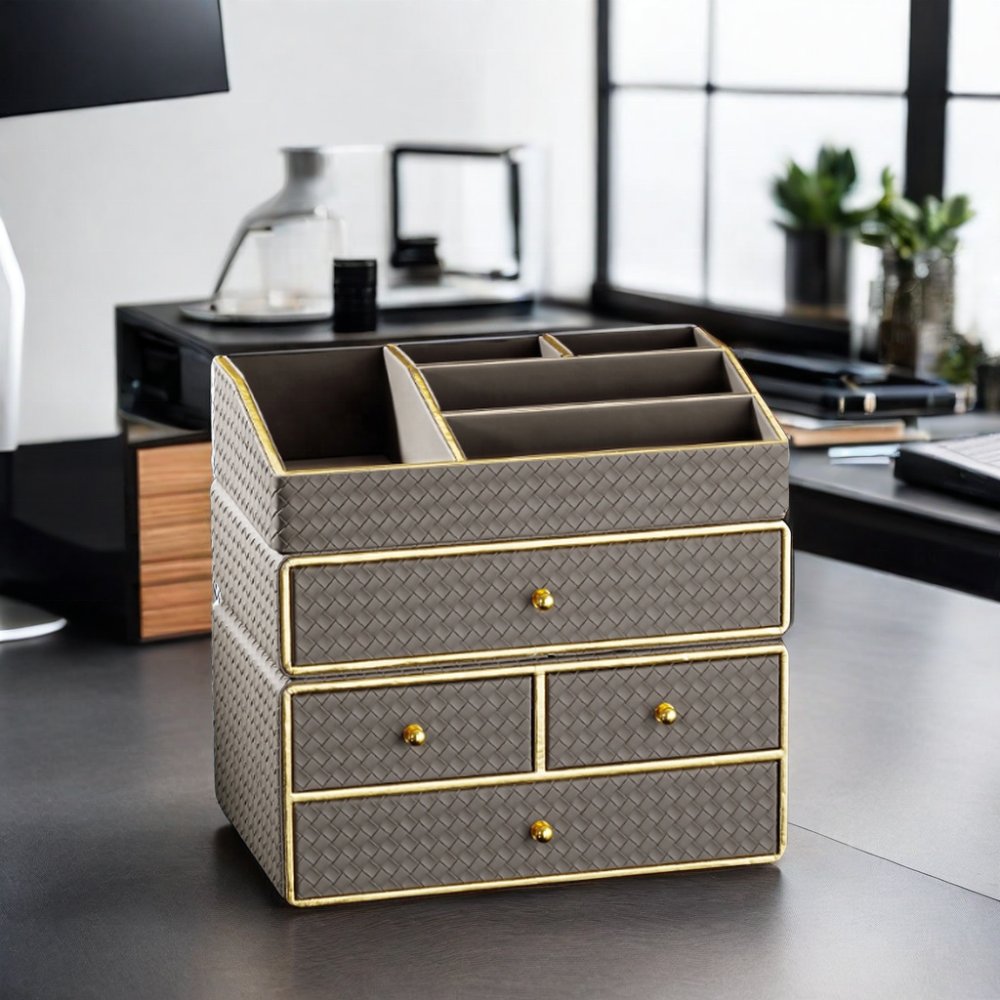 Leather Desktop Storage Organizer with Drawers Makeup & Cosmetic Storage Bins Elegant Storage Cabinets