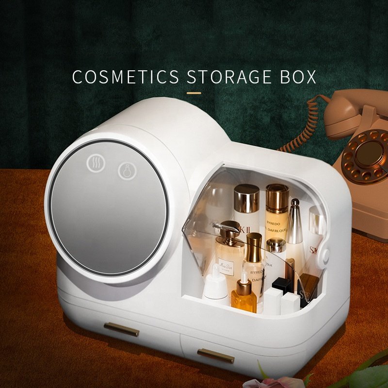 Usb Desktop Makeup Box With Led 3 color Light 360 Rotating Mirror Multifunction Plastic Makeup Organizer Cosmetic Storage Box