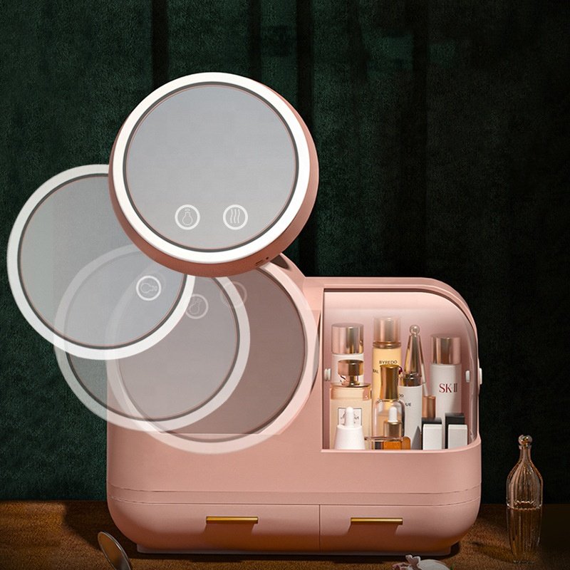 Usb Desktop Makeup Box With Led 3 color Light 360 Rotating Mirror Multifunction Plastic Makeup Organizer Cosmetic Storage Box