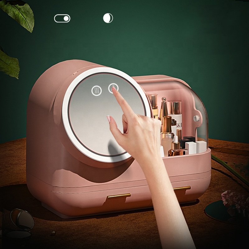 Usb Desktop Makeup Box With Led 3 color Light 360 Rotating Mirror Multifunction Plastic Makeup Organizer Cosmetic Storage Box