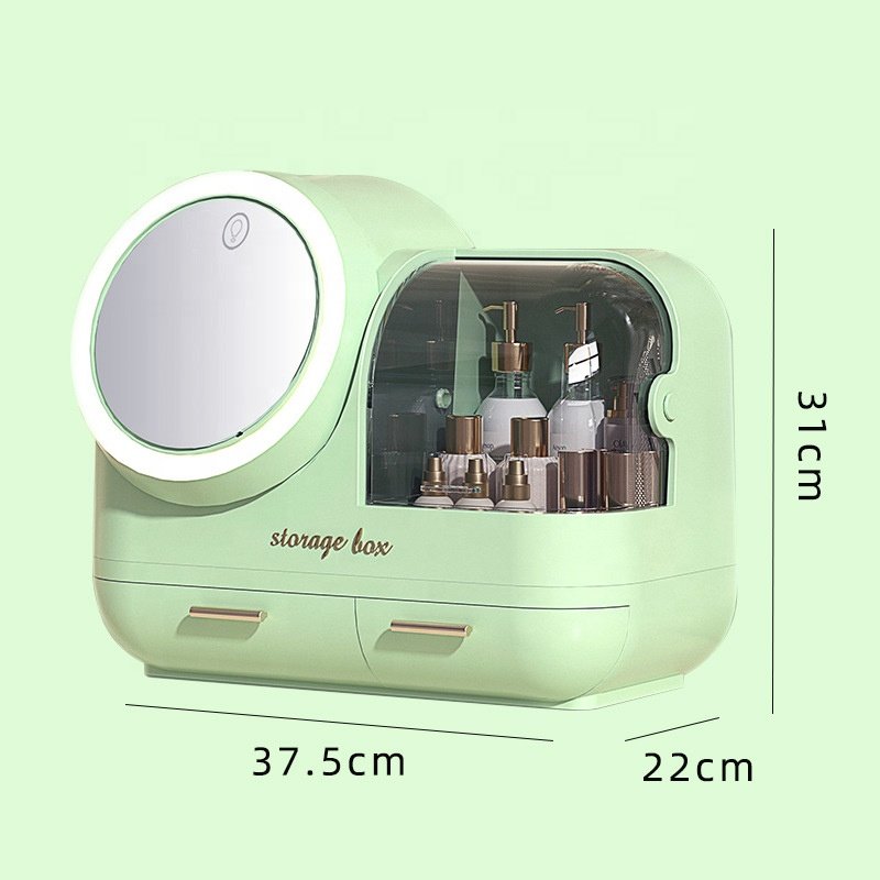 Usb Desktop Makeup Box With Led 3 color Light 360 Rotating Mirror Multifunction Plastic Makeup Organizer Cosmetic Storage Box