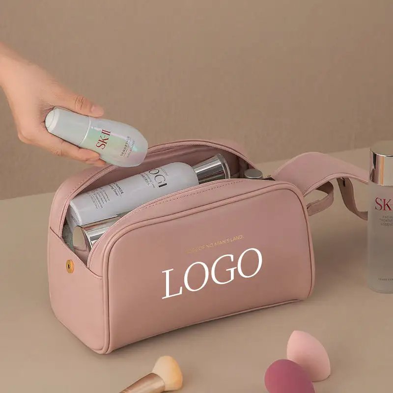 High Quality Large Capacity Leather Custom Cosmetic Bag Luxury Leather Toiletry Bag Leather Portable Travel Makeup Bag
