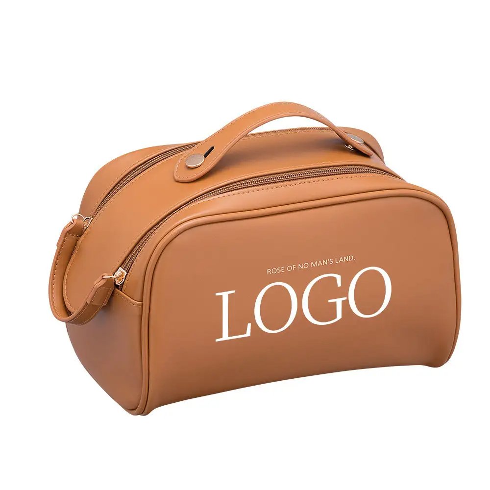 High Quality Large Capacity Leather Custom Cosmetic Bag Luxury Leather Toiletry Bag Leather Portable Travel Makeup Bag