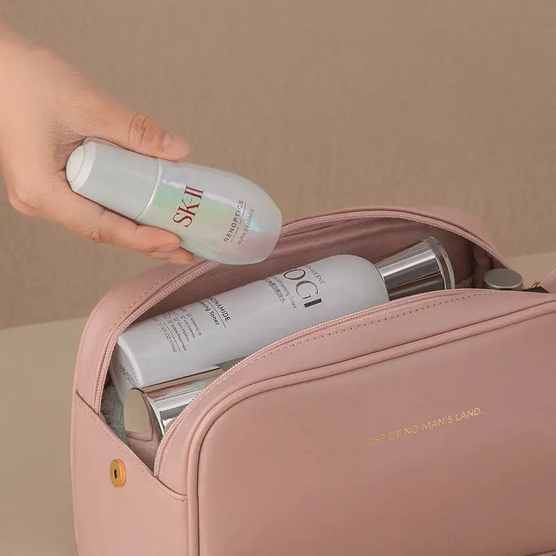 High Quality Large Capacity Leather Custom Cosmetic Bag Luxury Leather Toiletry Bag Leather Portable Travel Makeup Bag