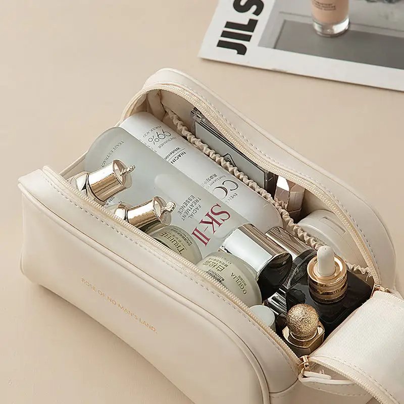High Quality Large Capacity Leather Custom Cosmetic Bag Luxury Leather Toiletry Bag Leather Portable Travel Makeup Bag