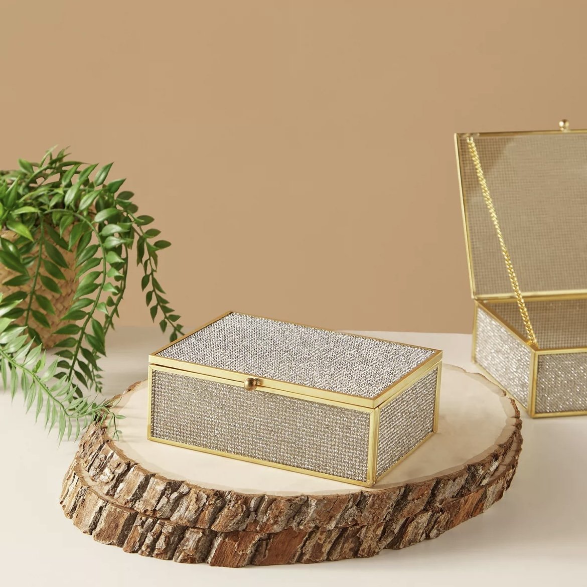 Home Decorative Luxury Design Brass and Diamond Glass Storage Box for Jewelry and Accessories Glass Box