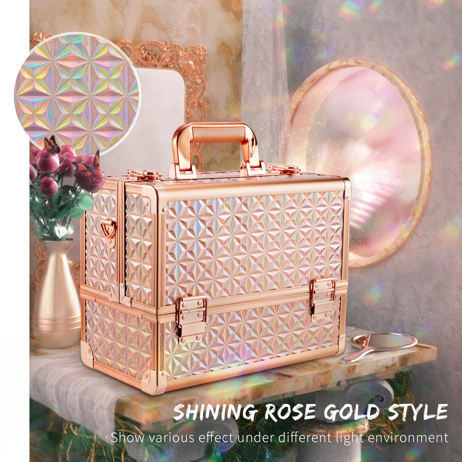 Multi-layer Gold Lining Professional Cosmetic Makeup Case Organizer Make Up Carrier with Lockable Keys