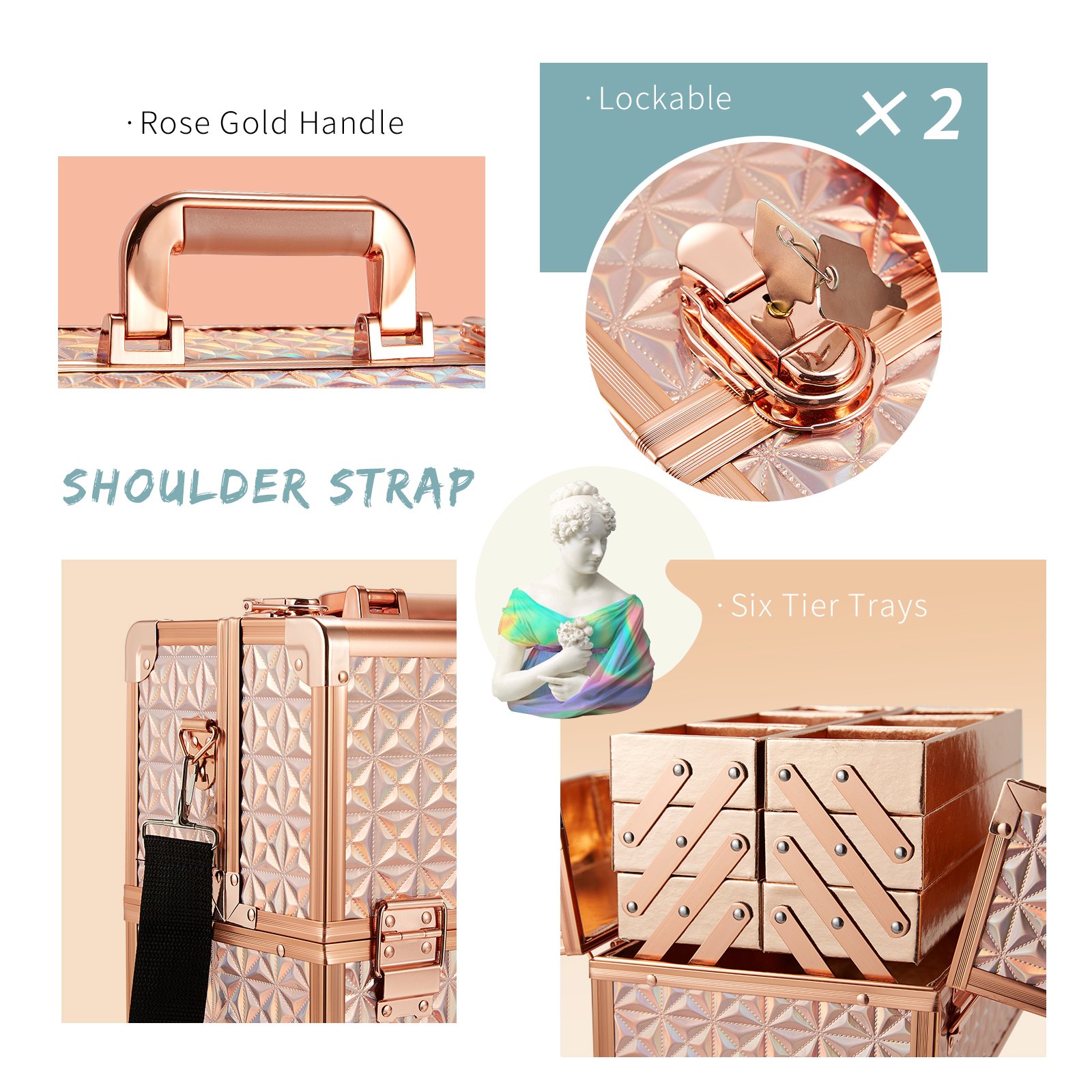 Multi-layer Gold Lining Professional Cosmetic Makeup Case Organizer Make Up Carrier with Lockable Keys