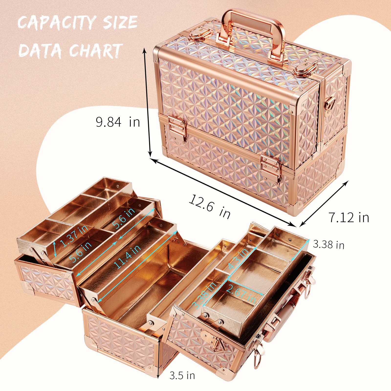 Multi-layer Gold Lining Professional Cosmetic Makeup Case Organizer Make Up Carrier with Lockable Keys