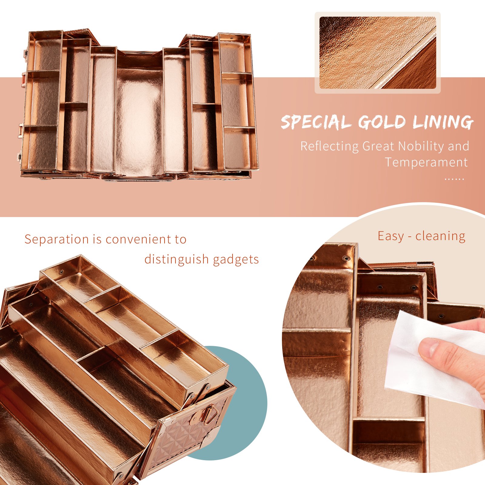 Multi-layer Gold Lining Professional Cosmetic Makeup Case Organizer Make Up Carrier with Lockable Keys