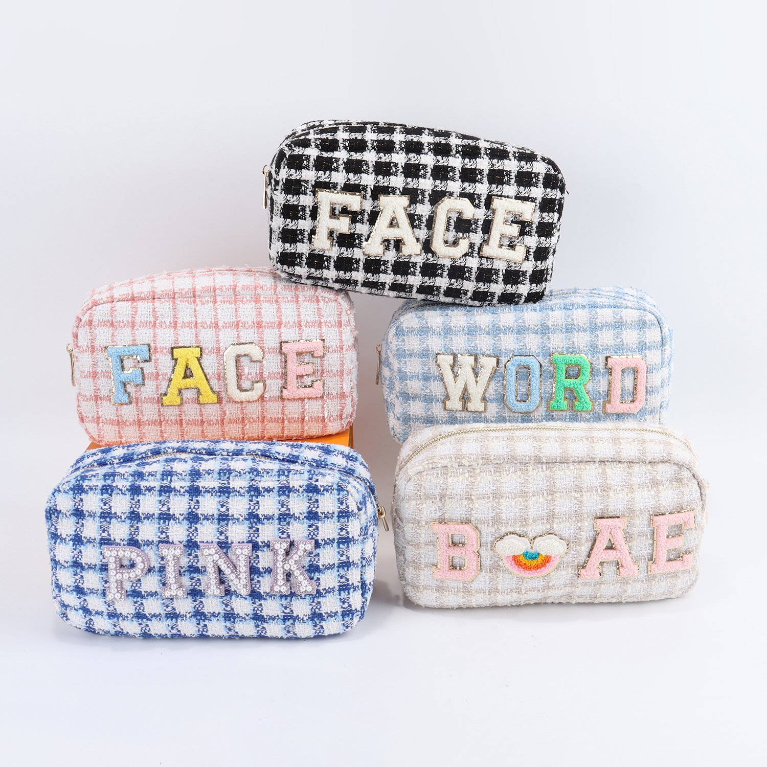 Keymay RTS Fashion Girls Personalized Chenille Letter Patches Cosmetic Bag Cute Cherecked Plaid Zipper Makeup Pouch Tweed Bag
