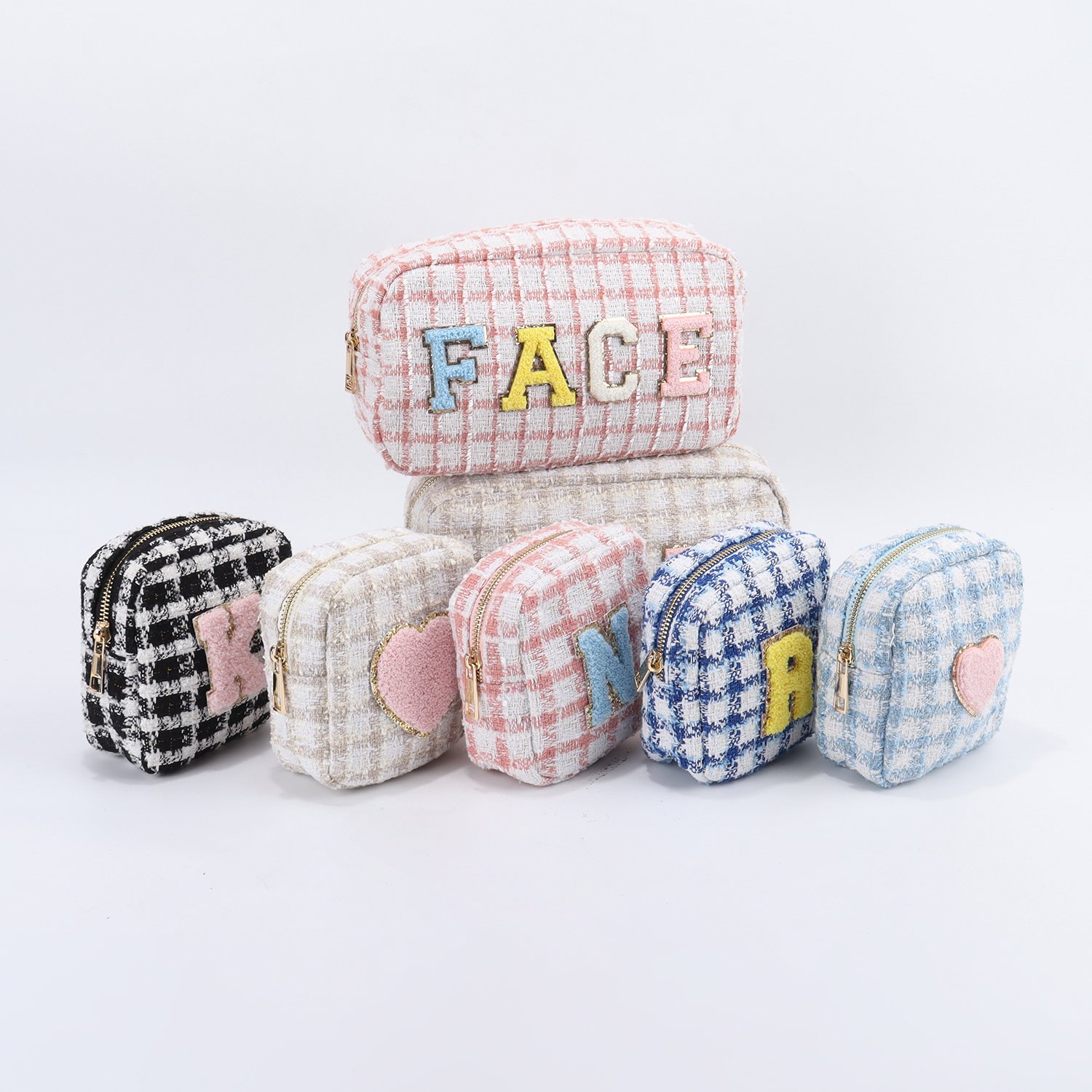 Keymay RTS Fashion Girls Personalized Chenille Letter Patches Cosmetic Bag Cute Cherecked Plaid Zipper Makeup Pouch Tweed Bag