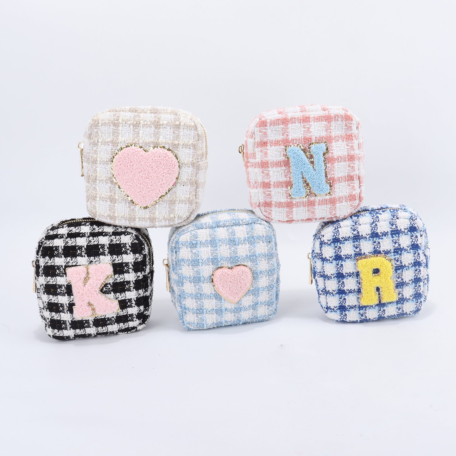 Keymay RTS Fashion Girls Personalized Chenille Letter Patches Cosmetic Bag Cute Cherecked Plaid Zipper Makeup Pouch Tweed Bag