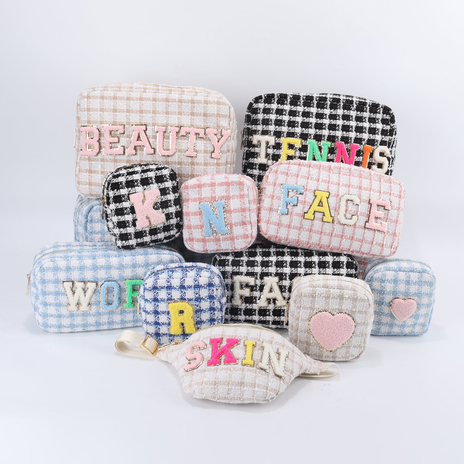 Keymay RTS Fashion Girls Personalized Chenille Letter Patches Cosmetic Bag Cute Cherecked Plaid Zipper Makeup Pouch Tweed Bag