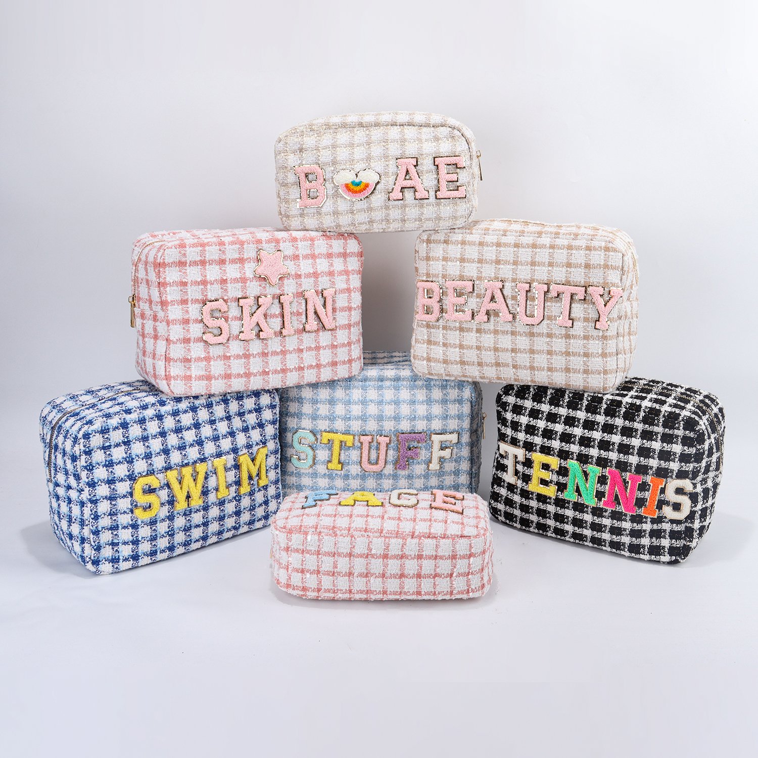 Keymay RTS Fashion Girls Personalized Chenille Letter Patches Cosmetic Bag Cute Cherecked Plaid Zipper Makeup Pouch Tweed Bag