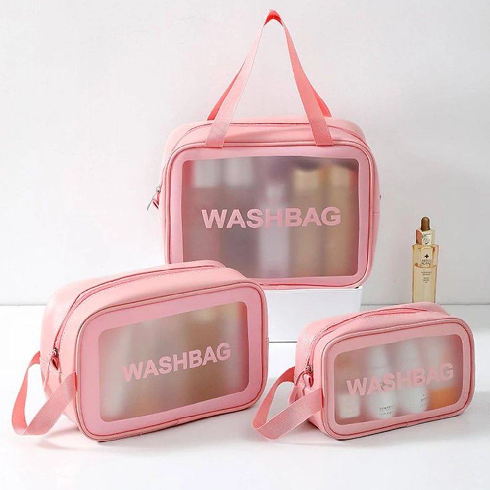 Pink Cosmetic Bag Custom Logo Printed Fashion Makeup Bag Travel Waterproof Frost Pvc Toiletry Bags