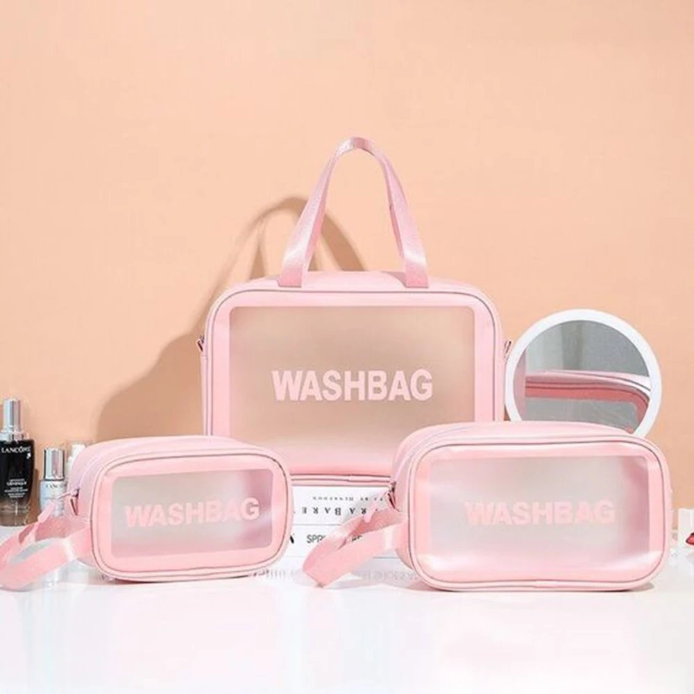 Pink Cosmetic Bag Custom Logo Printed Fashion Makeup Bag Travel Waterproof Frost Pvc Toiletry Bags