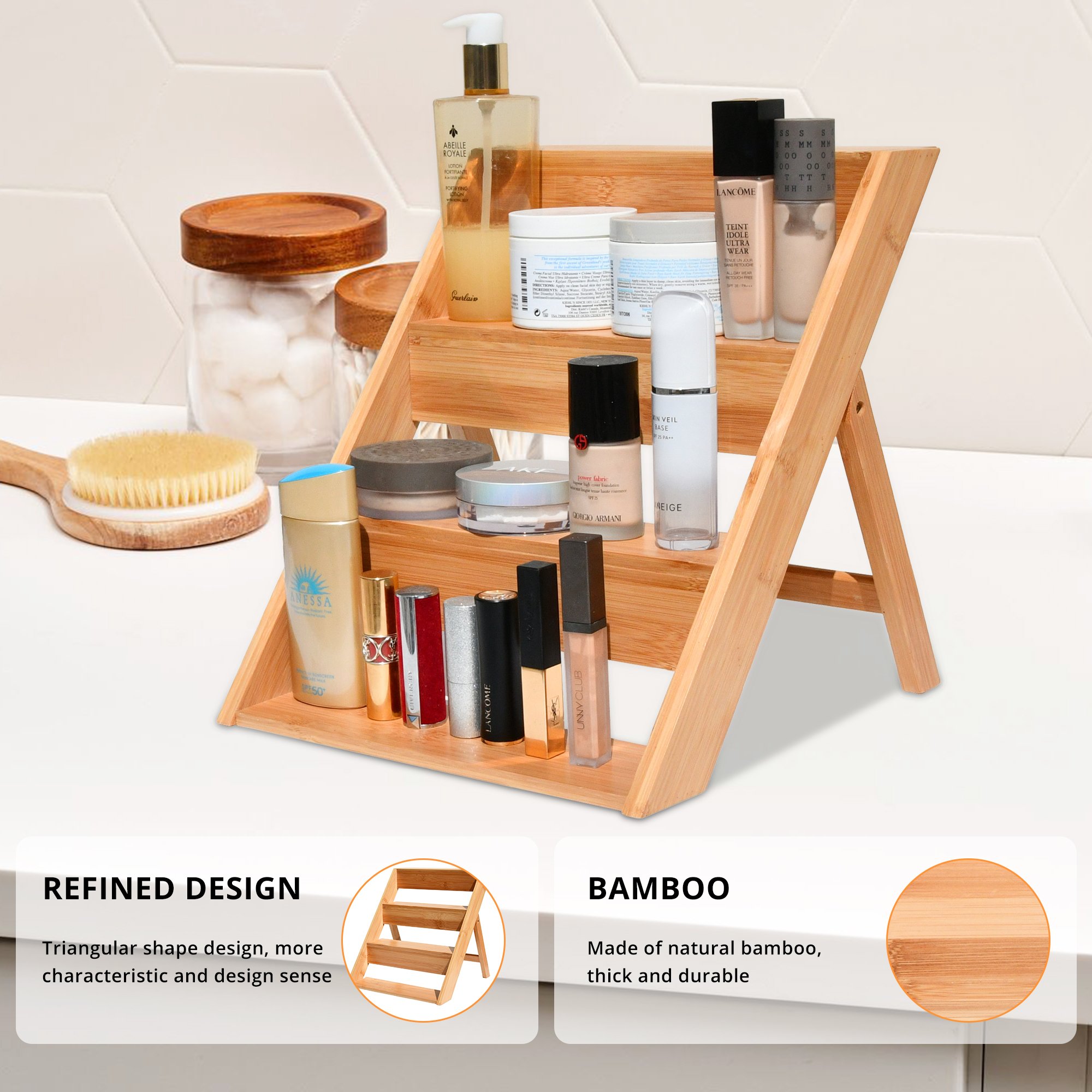 Makeup Bamboo Bathroom Organizer Storage Counter Countertop or Dresser Top Wood Cosmetic Tray