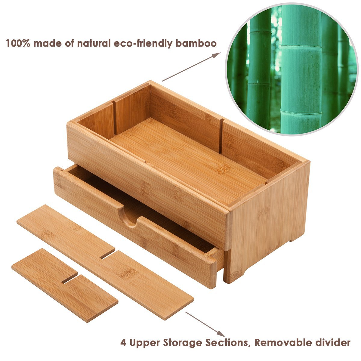 HOSTK Bamboo Makeup Organizer and Storage with Drawer Wooden Cosmetic Organizer Countertop for Bathroom