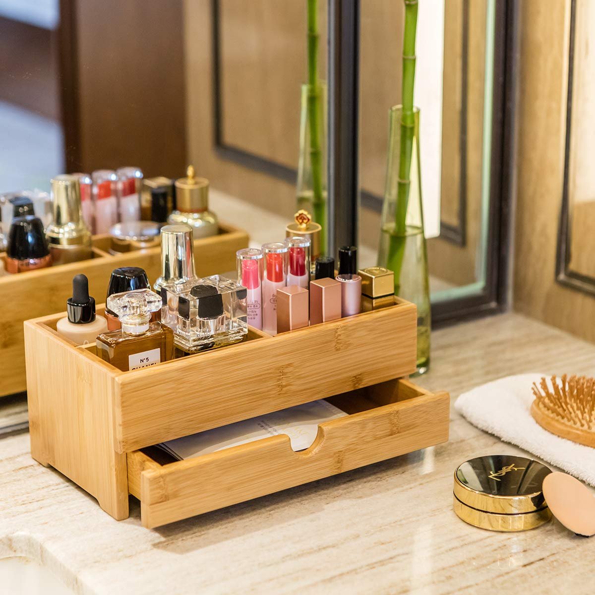 HOSTK Bamboo Makeup Organizer and Storage with Drawer Wooden Cosmetic Organizer Countertop for Bathroom